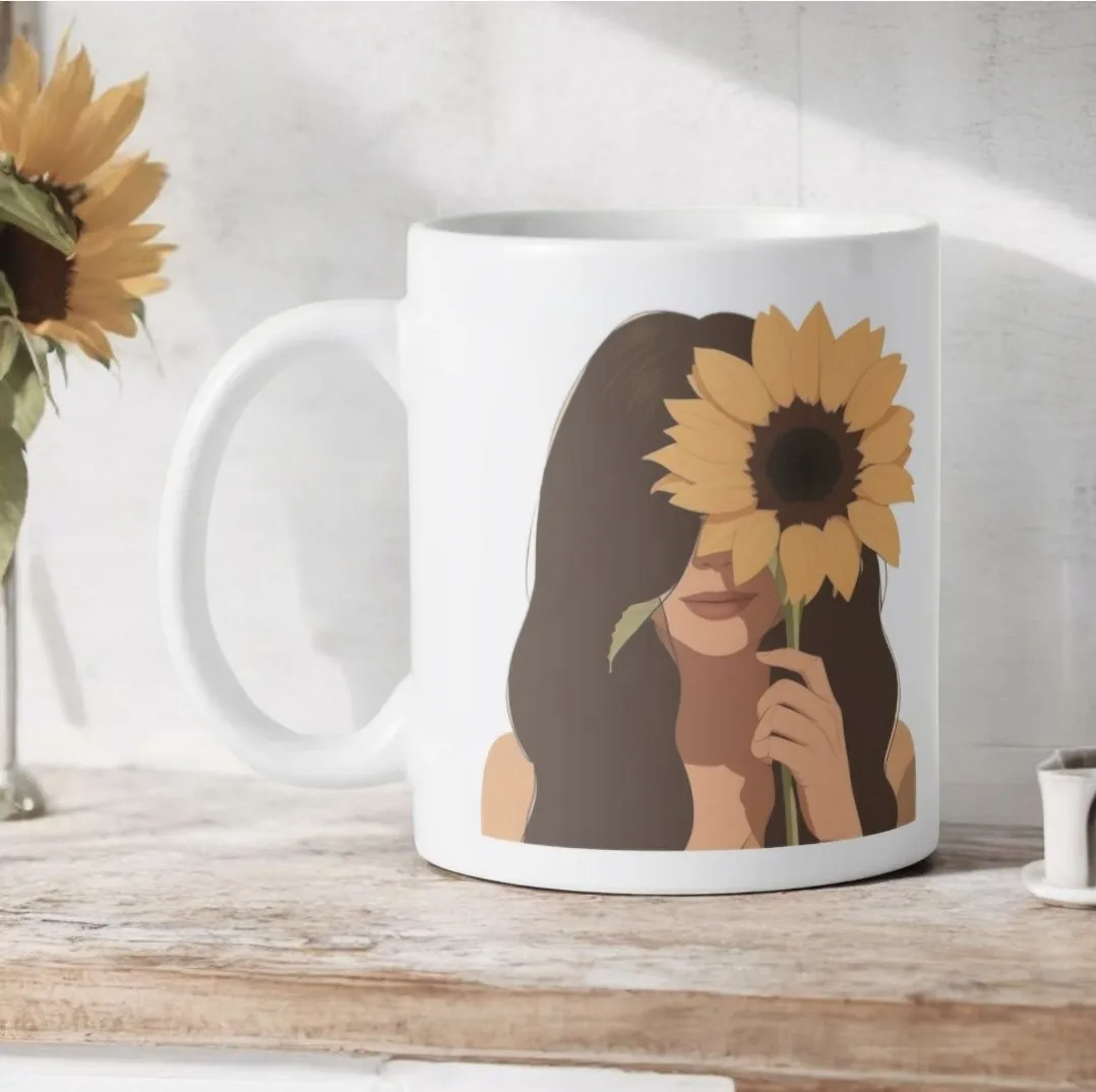 Taza ilustración chica y girasol con frase