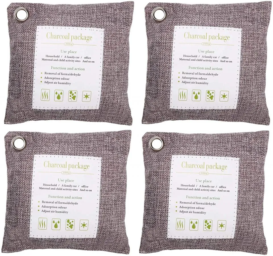 4 Bolsa de Carbón Activo De Bambú, Purificación de Aire, Bolsas de Carbón Activado, Bolsas de ambientador Natural, para Coche, Cocina, Refrigerador, Hogar, 4x200g