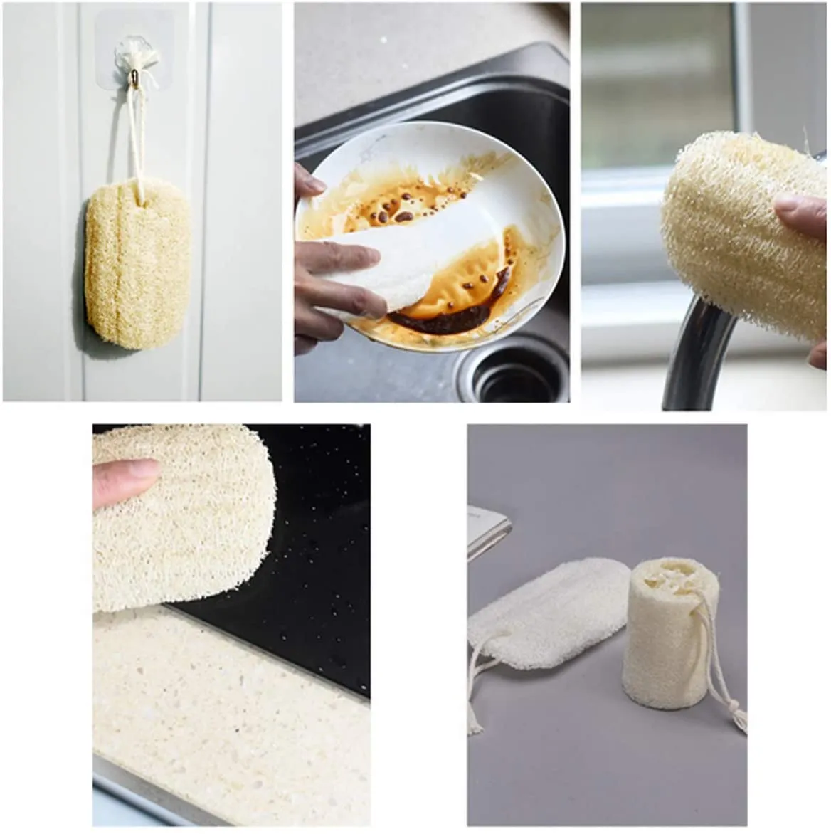 Yueser 10 Piezas Loofah Natural Esponja Luffa con Cordón y Asa para Baño Ducha Corporal Limpieza de Cocina Depurador (3 estilos) - Imagen 2