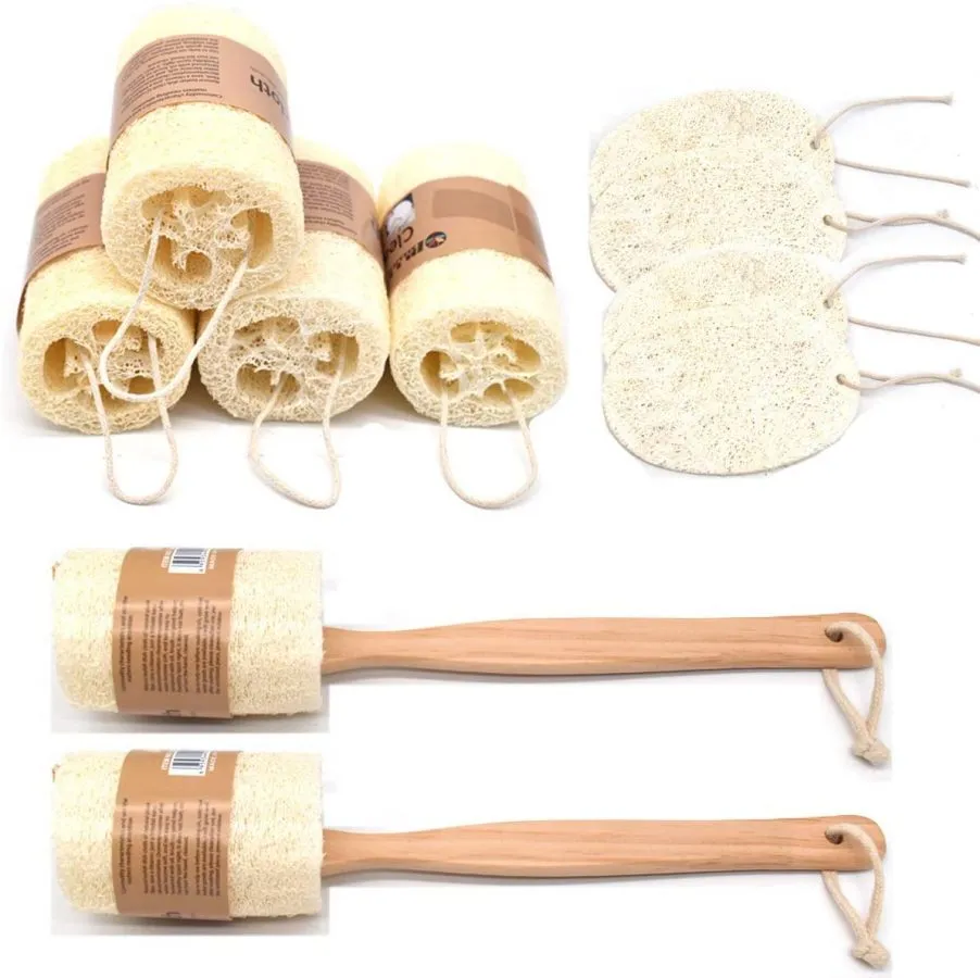 Yueser 10 Piezas Loofah Natural Esponja Luffa con Cordón y Asa para Baño Ducha Corporal Limpieza de Cocina Depurador (3 estilos)