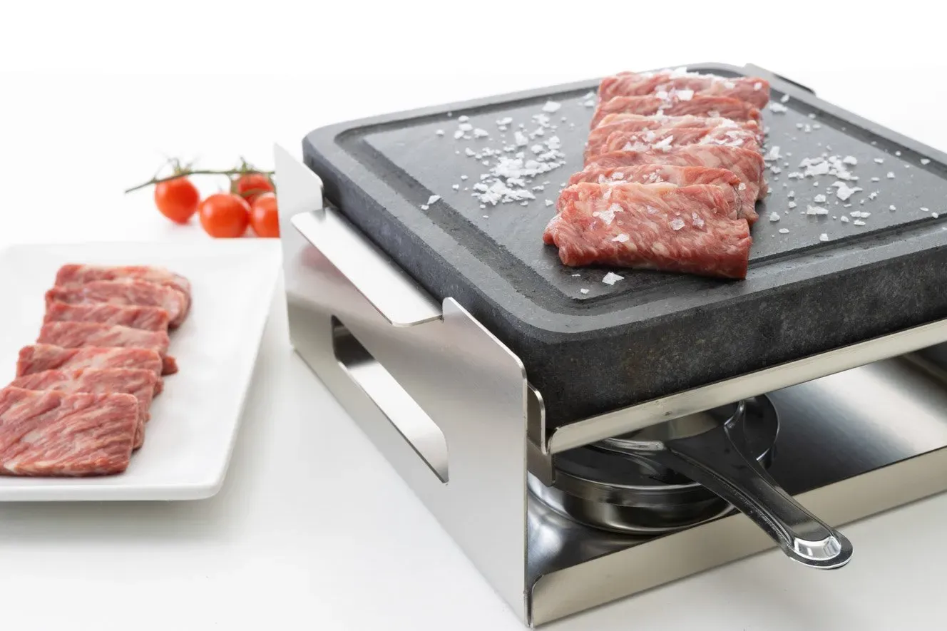 Piedra asar carne a la piedra Volcánica 20×20 + 2 quemadores alcohol - Imagen 4