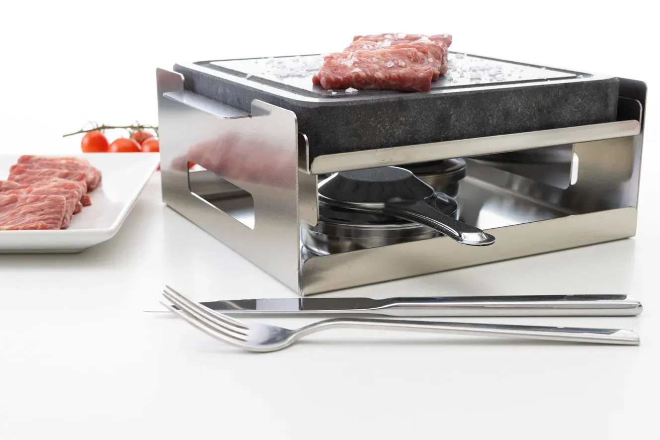 Piedra asar carne a la piedra Volcánica 20×20 + 2 quemadores alcohol - Imagen 3