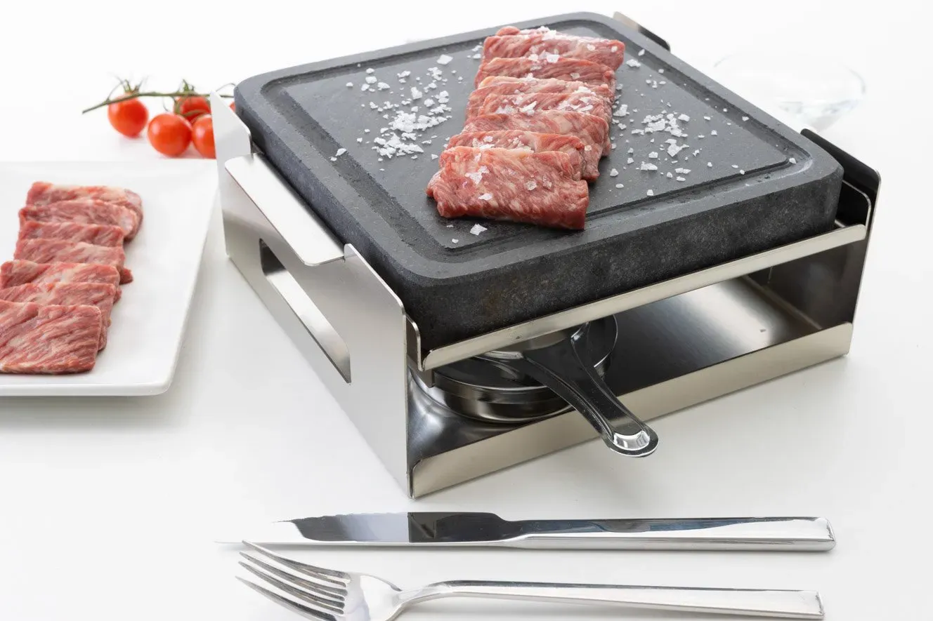 Piedra asar carne a la piedra Volcánica 20×20 + 2 quemadores alcohol