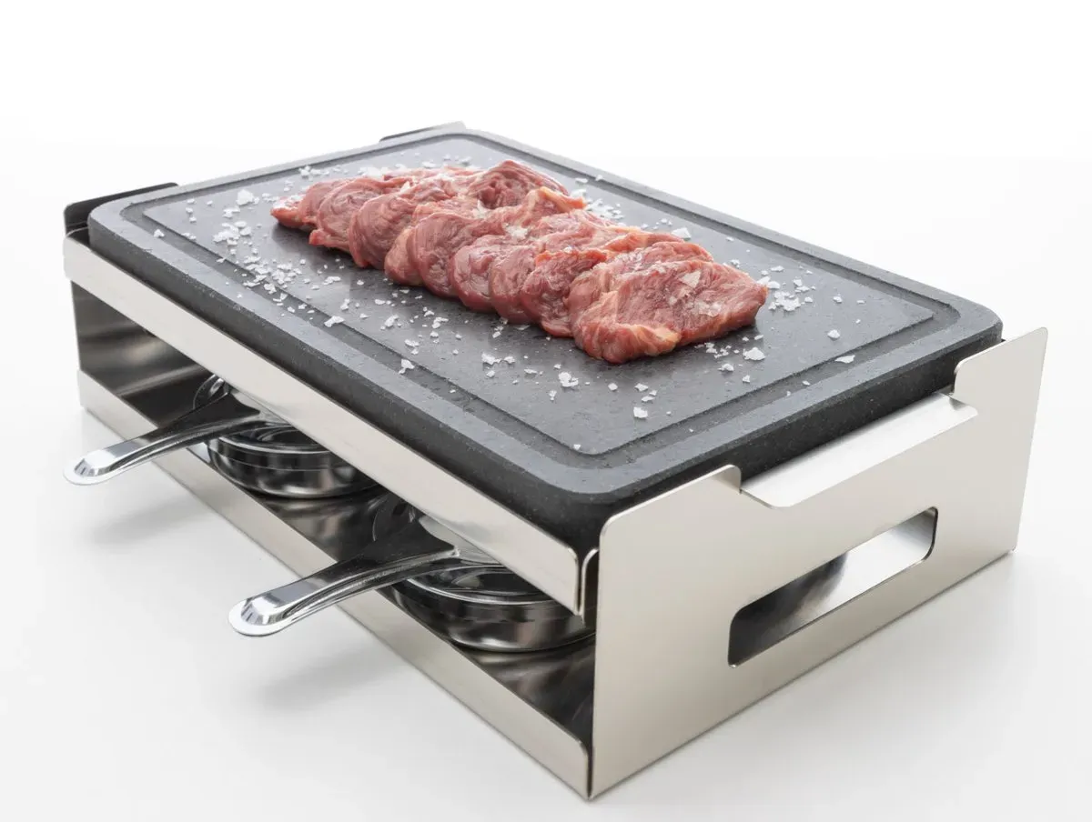 Piedra asar carne a la piedra Volcánica 30x20x3 + 4 quemadores alcohol abiertos - Imagen 2