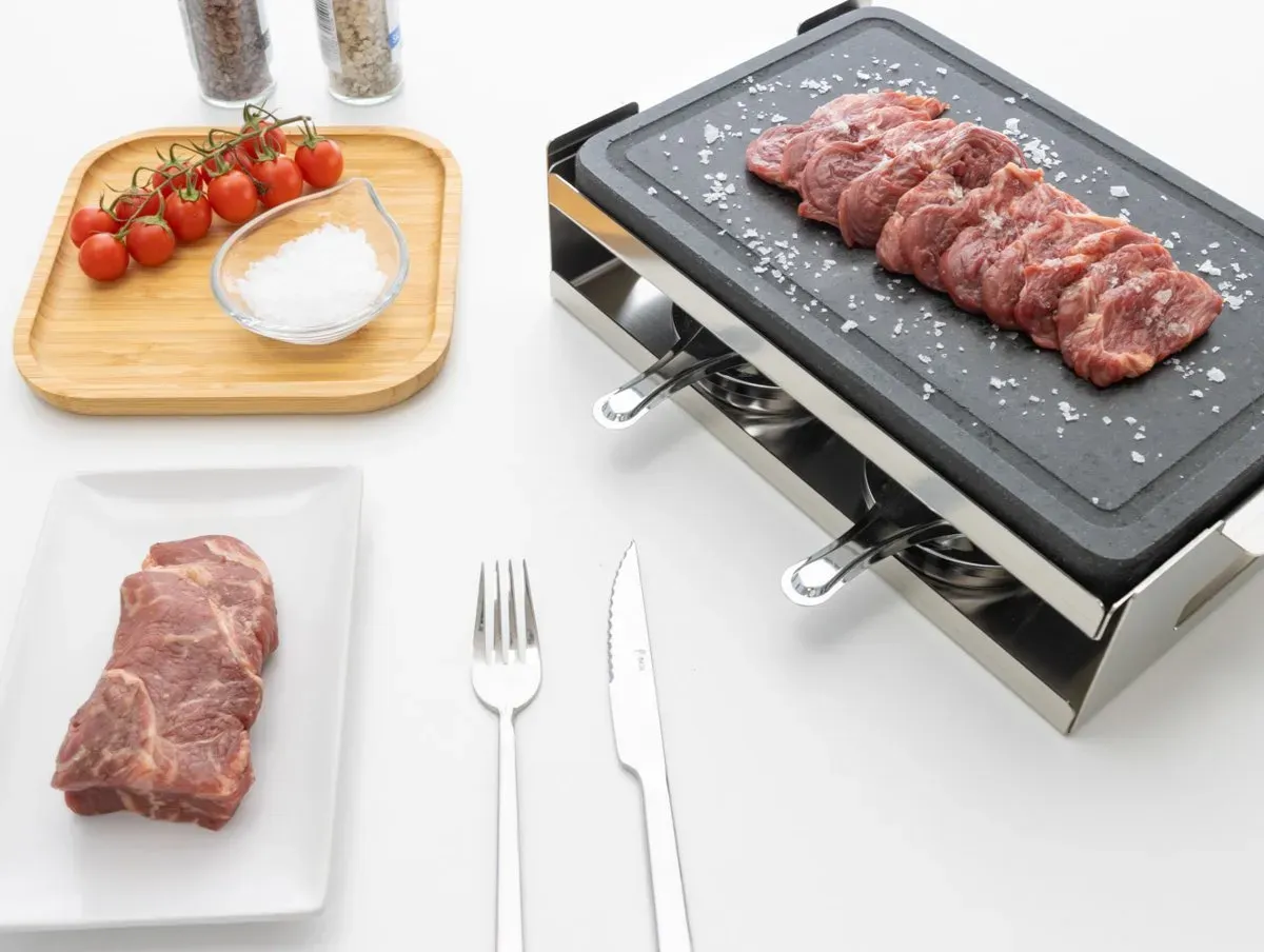 Piedra asar carne a la piedra Volcánica 30x20x3 + 4 quemadores alcohol abiertos - Imagen 3