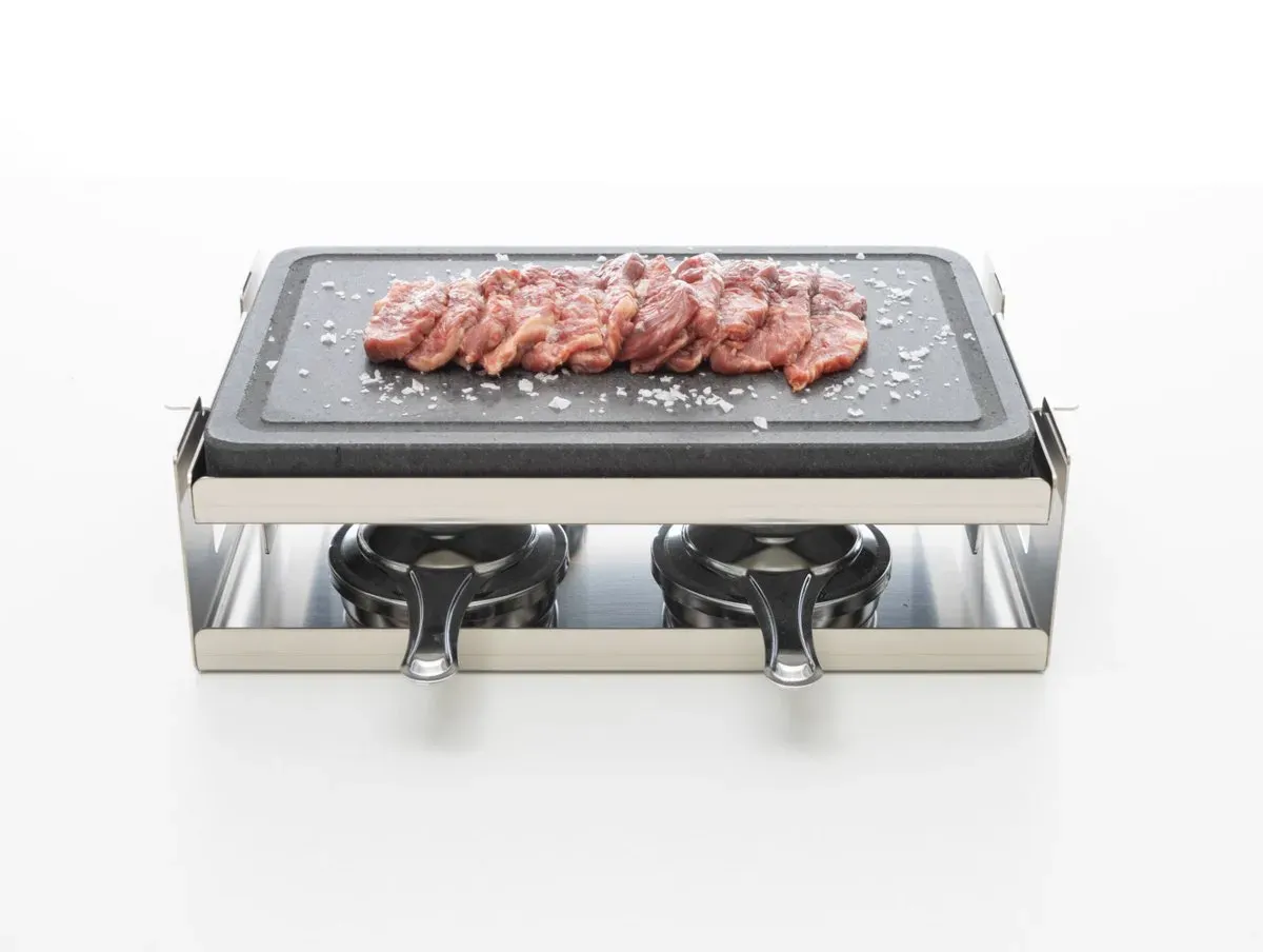 Piedra asar carne a la piedra Volcánica 30x20x3 + 4 quemadores alcohol abiertos