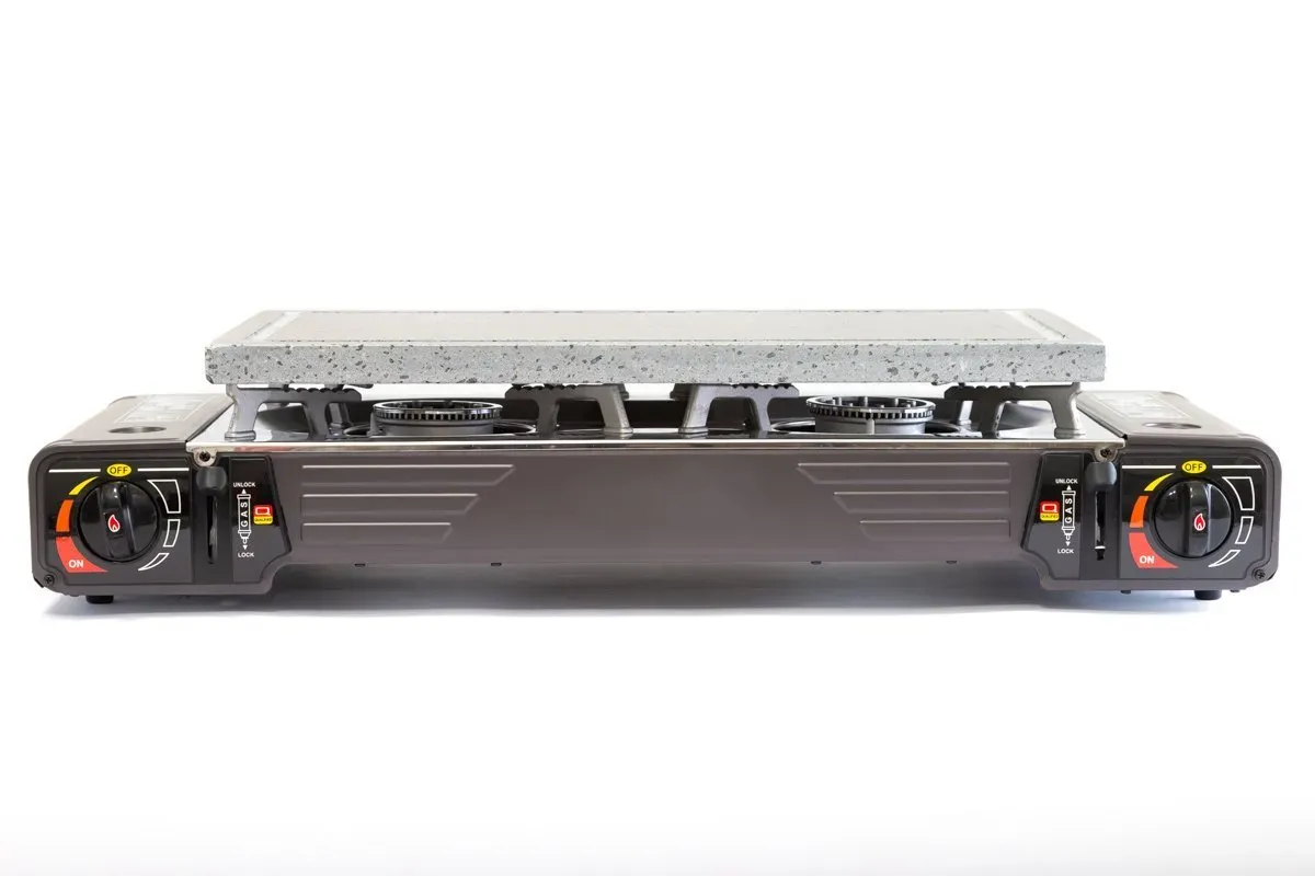 Piedra asar Volcanica 45×25 2cm + cocina gas portatil 2 fuegos + 2 cartuchos gas - Imagen 2