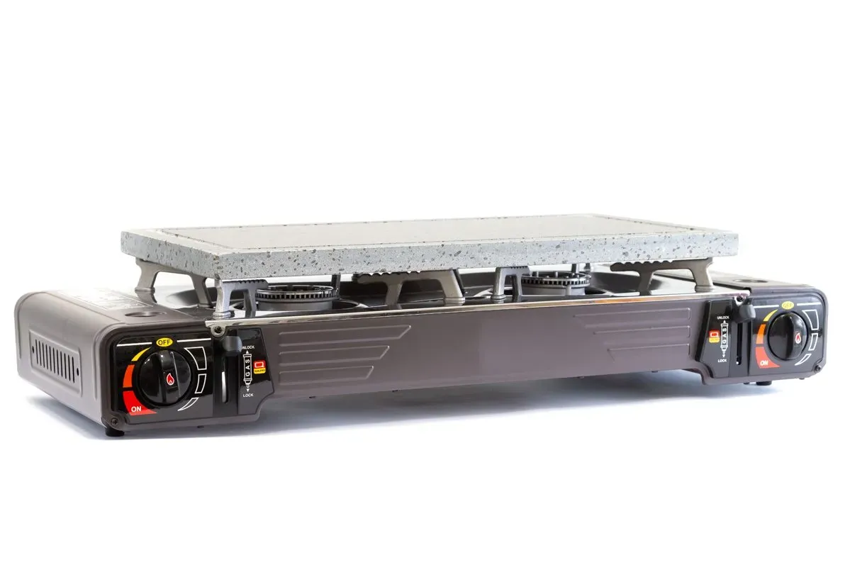 Piedra asar Volcanica 45×25 2cm + cocina gas portatil 2 fuegos + 2 cartuchos gas - Imagen 3
