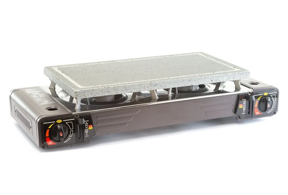 Piedra asar Volcanica 45×25 2cm + cocina gas portatil 2 fuegos + 2 cartuchos gas