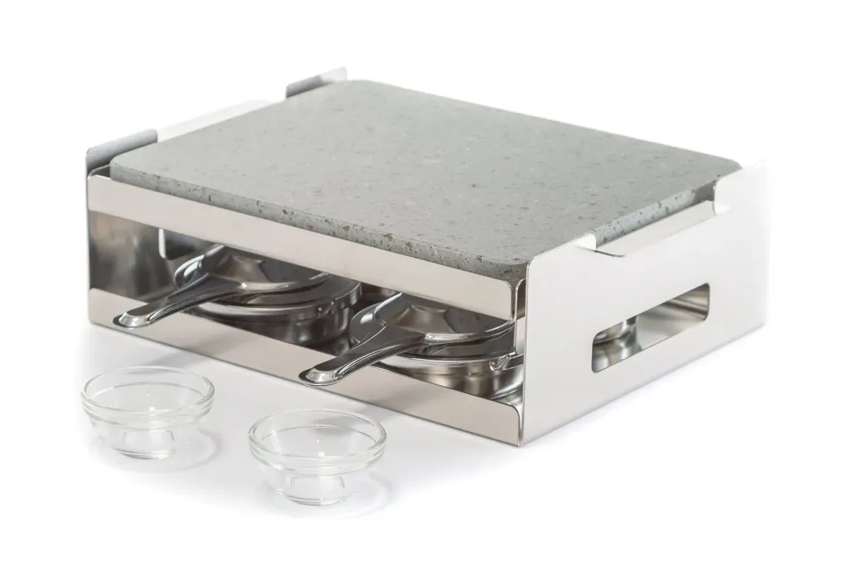 Piedra asar carne a la piedra Volcánica 25x20x3 + 4 quemadores alcohol abiertos