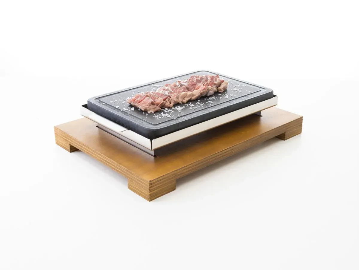 Piedra para carne a la piedra 30×20 3cm + soporte inox + base madera