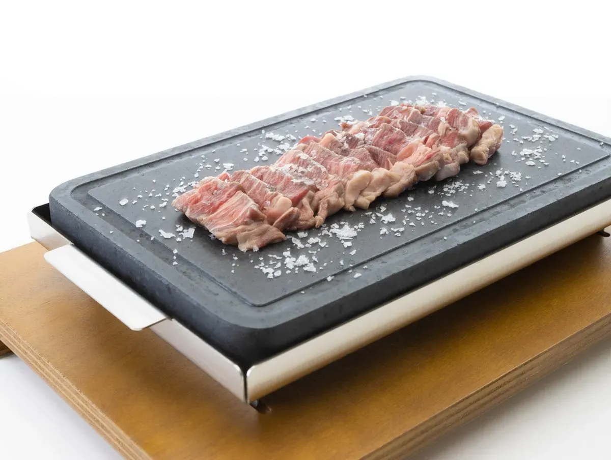 Piedra para carne a la piedra 30×20 3cm + soporte inox + base madera - Imagen 8