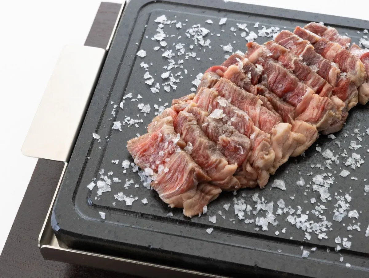 Piedra para carne a la piedra 20×20 3cm + soporte inox + base madera wengue - Imagen 3