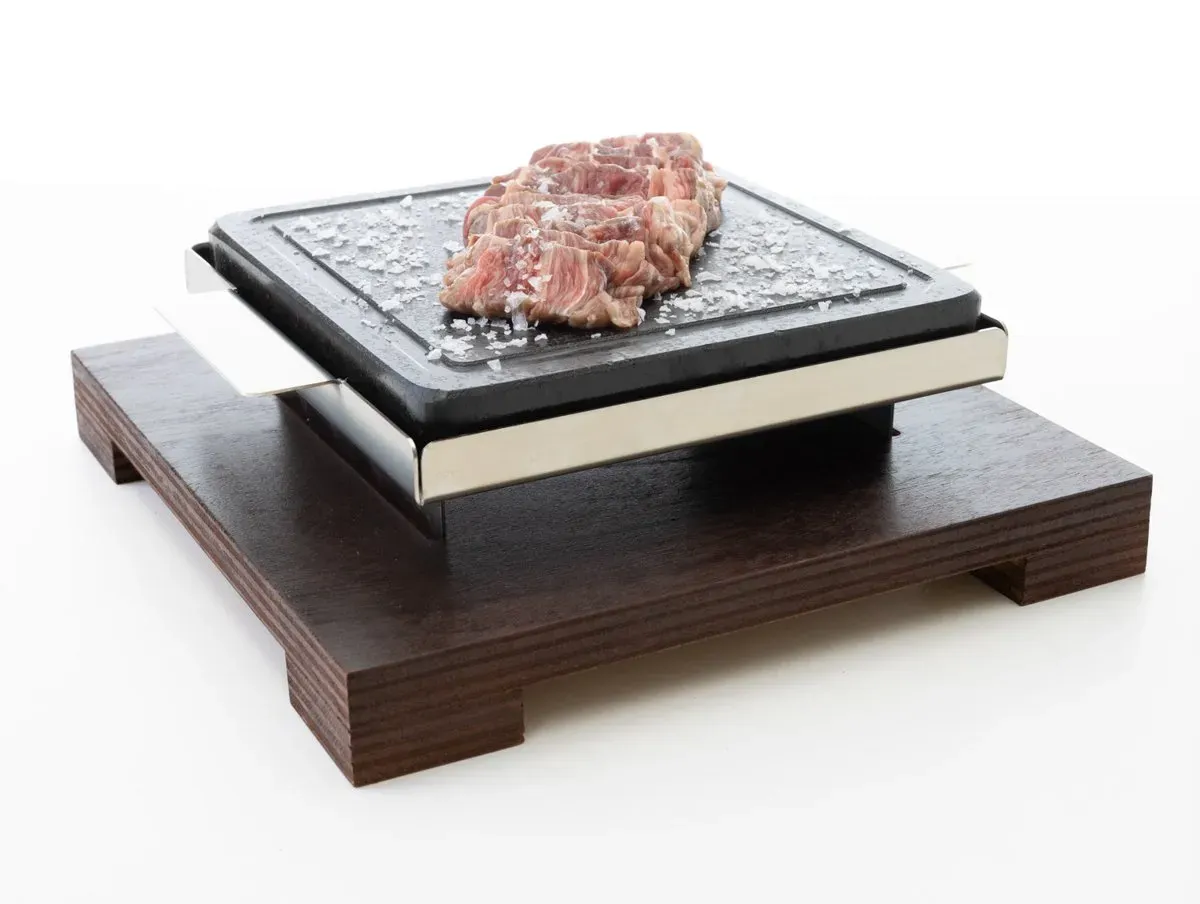 Piedra para carne a la piedra 20×20 3cm + soporte inox + base madera wengue