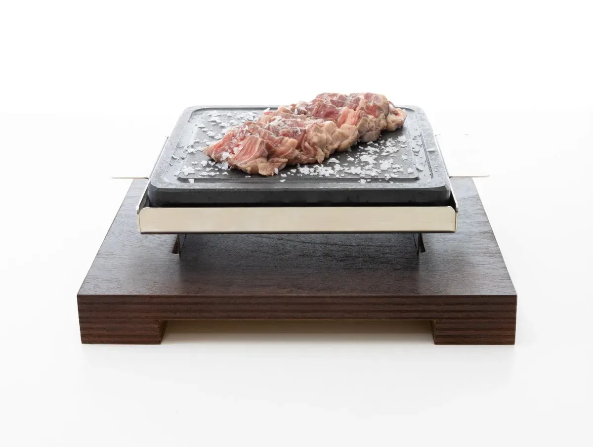 Piedra para carne a la piedra 20×20 3cm + soporte inox + base madera wengue - Imagen 5